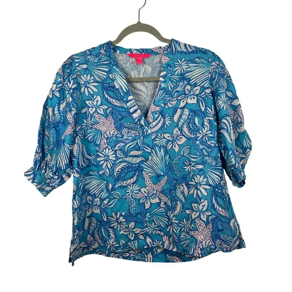 Lilly Pulitzer Mialeigh Linen Top Sound The Sirens Blue Puff Sleeve Size Medium